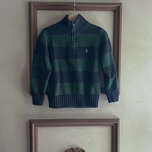 Ralph Lauren Nautical Navy & Forest Evergreen Striped Cotton Quarter-Zip Sweater